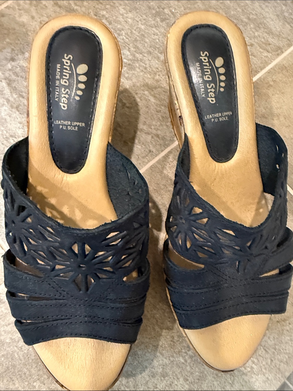Spring Step Off black Laser-Cut Leather Slide Mules Size 39 Italian made